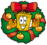 Clip Art Graphic of a Golden Admission Ticket Character in the Center of a Christmas Wreath
