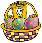 Clip Art Graphic of a Golden Admission Ticket Character in an Easter Basket Full of Decorated Easter Eggs