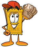 Clip Art Graphic of a Golden Admission Ticket Character Catching a Baseball With a Glove