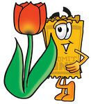 Clip Art Graphic of a Golden Admission Ticket Character With a Red Tulip Flower in the Spring