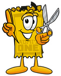 Clip Art Graphic of a Golden Admission Ticket Character Holding a Pair of Scissors