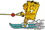 Clip Art Graphic of a Golden Admission Ticket Character Waving While Water Skiing
