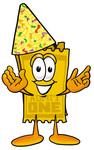 Clip Art Graphic of a Golden Admission Ticket Character Wearing a Birthday Party Hat