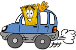 Clip Art Graphic of a Golden Admission Ticket Character Driving a Blue Car and Waving
