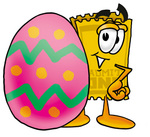 Clip Art Graphic of a Golden Admission Ticket Character Standing Beside an Easter Egg