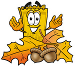 Clip Art Graphic of a Golden Admission Ticket Character With Autumn Leaves and Acorns in the Fall