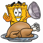 Clip Art Graphic of a Golden Admission Ticket Character Serving a Thanksgiving Turkey on a Platter