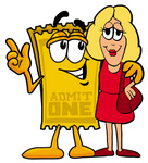 Clip Art Graphic of a Golden Admission Ticket Character Talking to a Pretty Blond Woman