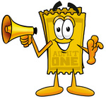 Clip Art Graphic of a Golden Admission Ticket Character Holding a Megaphone