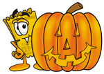 Clip Art Graphic of a Golden Admission Ticket Character With a Carved Halloween Pumpkin