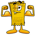Clip Art Graphic of a Golden Admission Ticket Character Flexing His Arm Muscles
