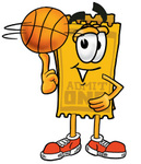 Clip Art Graphic of a Golden Admission Ticket Character Spinning a Basketball on His Finger