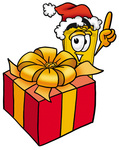 Clip Art Graphic of a Golden Admission Ticket Character Standing by a Christmas Present