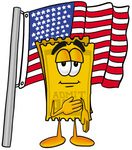 Clip Art Graphic of a Golden Admission Ticket Character Pledging Allegiance to an American Flag