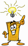 Clip Art Graphic of a Golden Admission Ticket Character With a Bright Idea