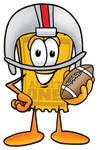 Clip Art Graphic of a Golden Admission Ticket Character in a Helmet, Holding a Football