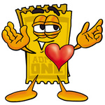 Clip Art Graphic of a Golden Admission Ticket Character With His Heart Beating Out of His Chest