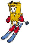 Clip Art Graphic of a Golden Admission Ticket Character Skiing Downhill