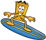 Clip Art Graphic of a Golden Admission Ticket Character Surfing on a Blue and Yellow Surfboard