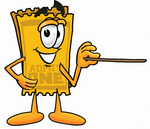 Clip Art Graphic of a Golden Admission Ticket Character Holding a Pointer Stick