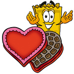 Clip Art Graphic of a Golden Admission Ticket Character With an Open Box of Valentines Day Chocolate Candies
