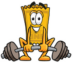 Clip Art Graphic of a Golden Admission Ticket Character Lifting a Heavy Barbell