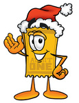 Clip Art Graphic of a Golden Admission Ticket Character Wearing a Santa Hat and Waving