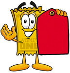 Clip Art Graphic of a Golden Admission Ticket Character Holding a Red Sales Price Tag