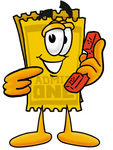 Clip Art Graphic of a Golden Admission Ticket Character Holding a Telephone