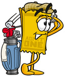 Clip Art Graphic of a Golden Admission Ticket Character Swinging His Golf Club While Golfing