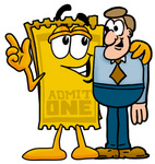Clip Art Graphic of a Golden Admission Ticket Character Talking to a Business Man