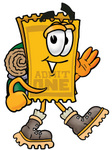 Clip Art Graphic of a Golden Admission Ticket Character Hiking and Carrying a Backpack