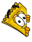 Clip Art Graphic of a Golden Admission Ticket Character Peeking Around a Corner