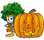Clip Art Graphic of a Tree Character With a Carved Halloween Pumpkin