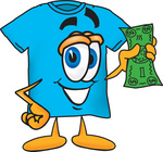 Clip Art Graphic of a Blue Short Sleeved T Shirt Character Holding a Dollar Bill