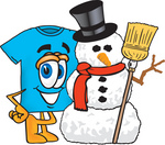 Clip Art Graphic of a Blue Short Sleeved T Shirt Character With a Snowman on Christmas