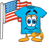 Clip Art Graphic of a Blue Short Sleeved T Shirt Character Pledging Allegiance to an American Flag
