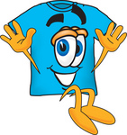 Clip Art Graphic of a Blue Short Sleeved T Shirt Character Jumping