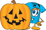 Clip Art Graphic of a Blue Short Sleeved T Shirt Character With a Carved Halloween Pumpkin