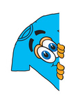 Clip Art Graphic of a Blue Short Sleeved T Shirt Character Peeking Around a Corner