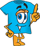 Clip Art Graphic of a Blue Short Sleeved T Shirt Character Pointing Upwards