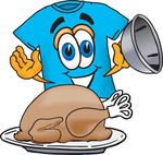 Clip Art Graphic of a Blue Short Sleeved T Shirt Character Serving a Thanksgiving Turkey on a Platter