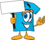 Clip Art Graphic of a Blue Short Sleeved T Shirt Character Holding a Blank Sign