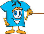 Clip Art Graphic of a Blue Short Sleeved T Shirt Character Holding a Pointer Stick