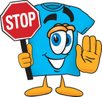 Clip Art Graphic of a Blue Short Sleeved T Shirt Character Holding a Stop Sign