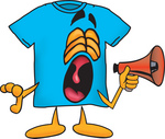 Clip Art Graphic of a Blue Short Sleeved T Shirt Character Screaming Into a Megaphone