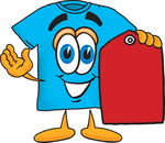 Clip Art Graphic of a Blue Short Sleeved T Shirt Character Holding a Red Sales Price Tag