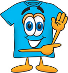 Clip Art Graphic of a Blue Short Sleeved T Shirt Character Waving and Pointing