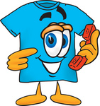 Clip Art Graphic of a Blue Short Sleeved T Shirt Character Holding a Telephone