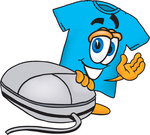 Clip Art Graphic of a Blue Short Sleeved T Shirt Character With a Computer Mouse